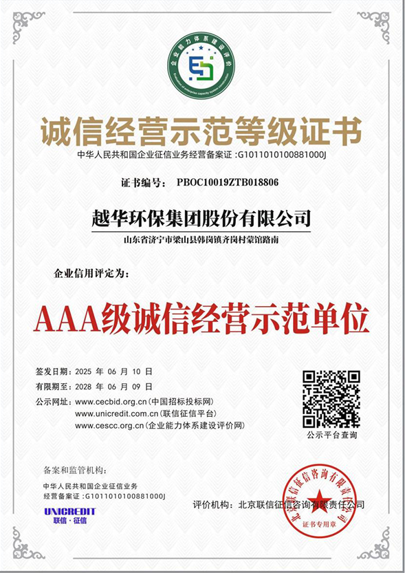 誠信經營示范等級證書